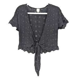 Surf Gypsy Black Eyelet Tie Front V Neck Crop Top S Boho Festival Dark Coquette